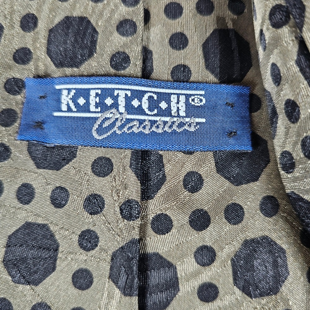 Ketch Classics Mens Geometric Polka Dot Necktie Gold Black Made in USA Wide Tie - Picture 3 of 5